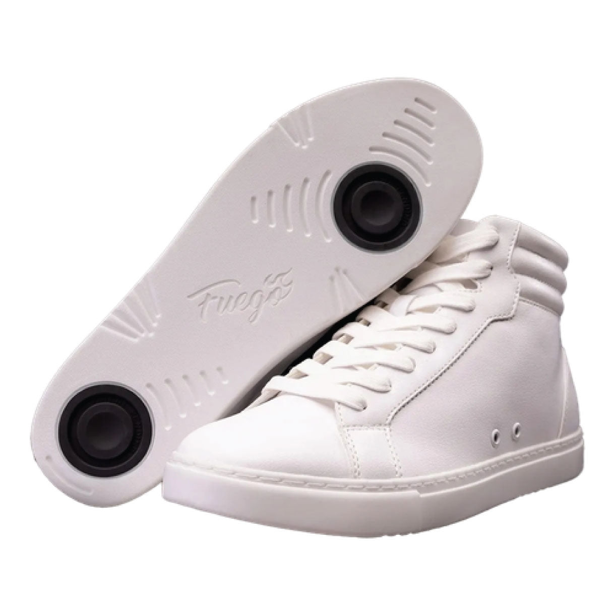 Vegane Fuego High-Top-Tanz-Sneaker in Weiss mit glatten seitlichen Schnürsenkeln und kreisförmig gerillten Sohlen.